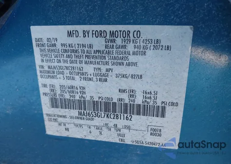 2019 Ford Ecosport Se из США, поврежденный, VIN MAJ6S3GL7KC281162